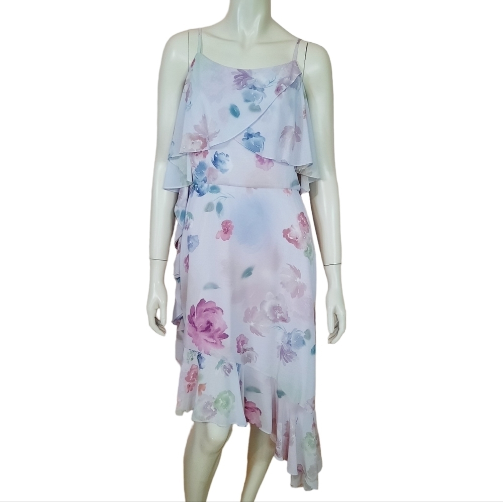 BADGLEY Mischka for Le Tote Dress size 6 Lavender Floral Hi Lo Hem Ruffle Detail